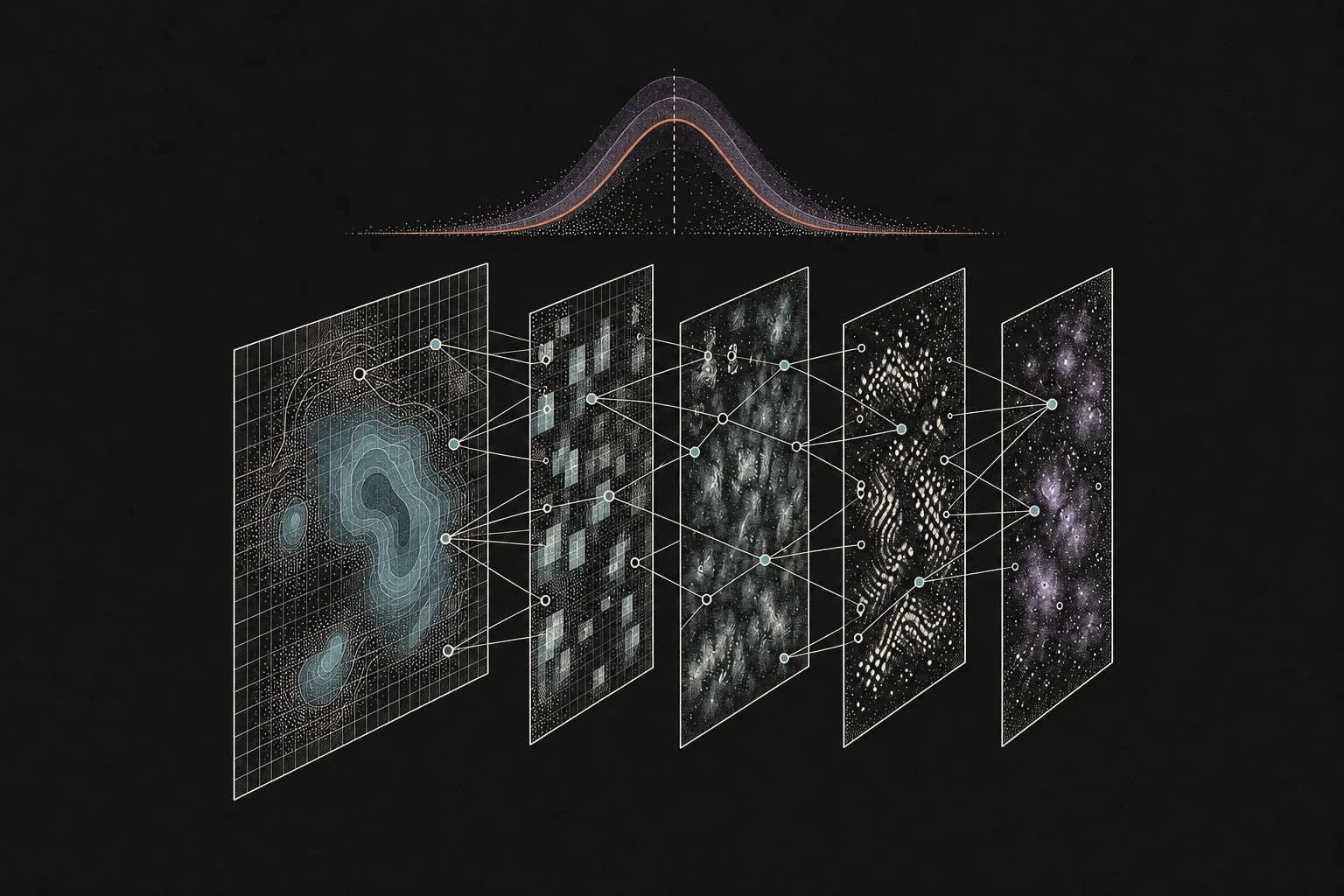 Engraved illustration of layered feature maps and a neural network