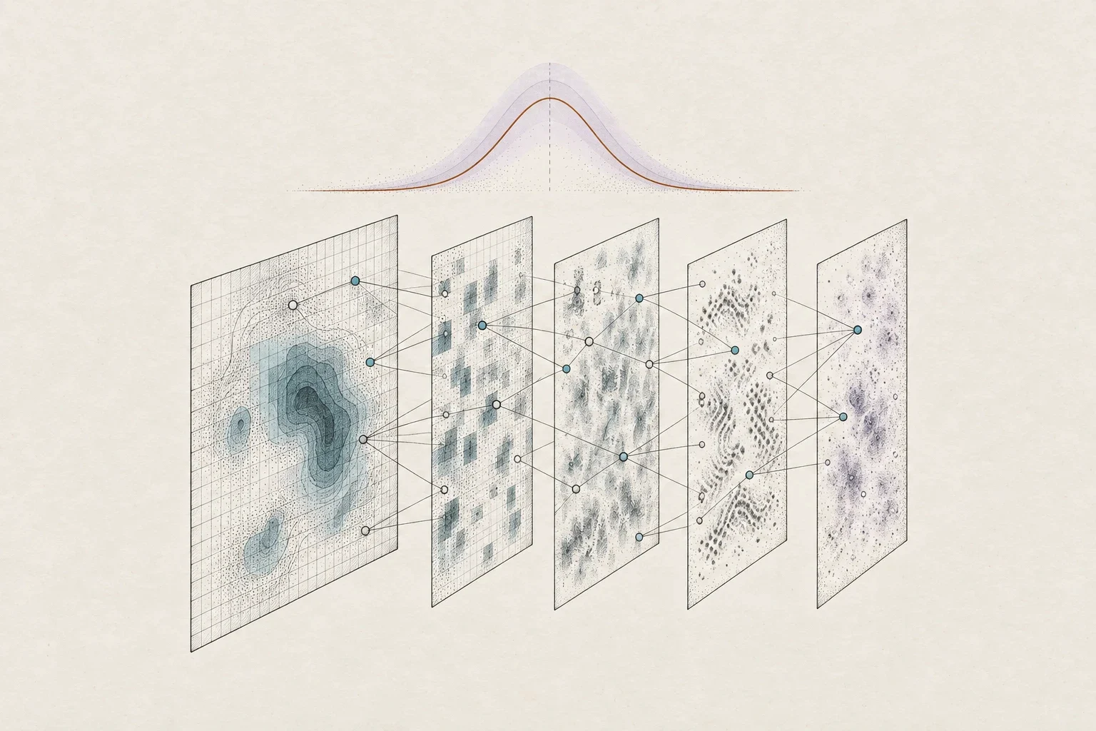 Engraved illustration of layered feature maps and a neural network