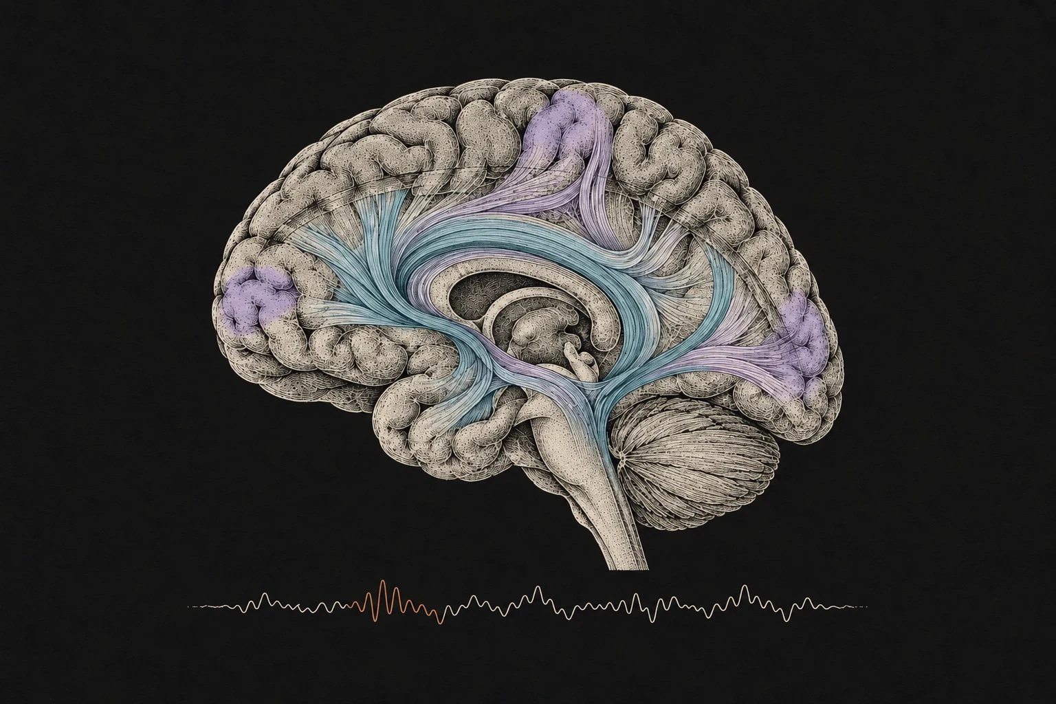 Engraved illustration of brain tractography and functional signals