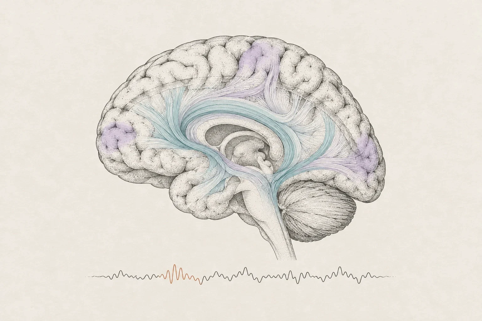 Engraved illustration of brain tractography and functional signals